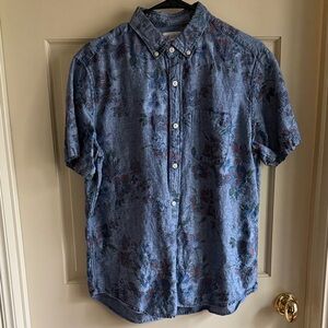 Men’s GAP Floral Blue Cotton Linen Blend Short Sleeve Button Down Shirt — Sz M